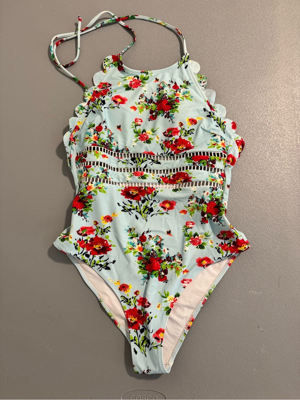 Cupshe Light Blue Red Floral Halter Scalloped Full Piece Swimsuit Size M